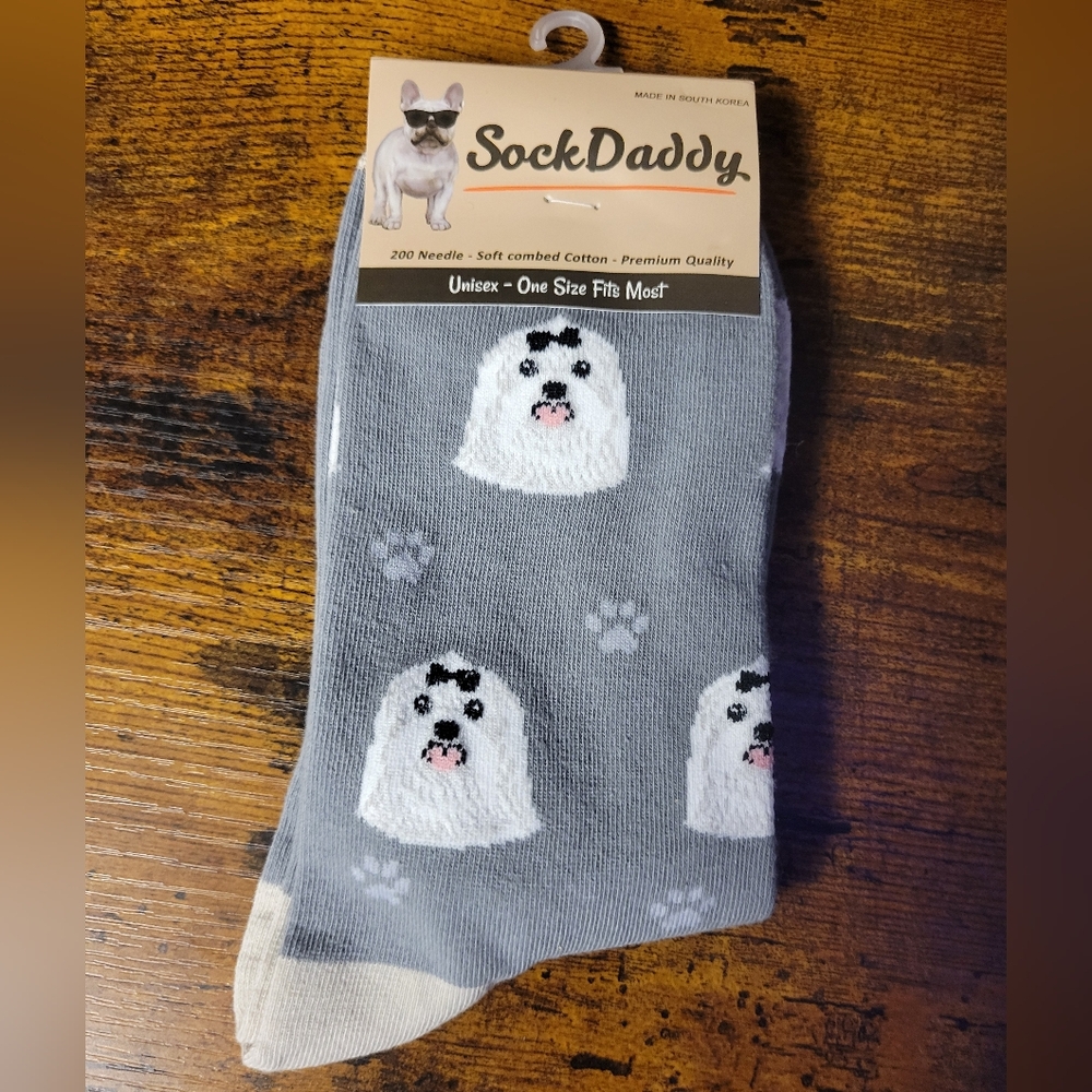 Sock Daddy socks w/ Maltese dogs-grey/white